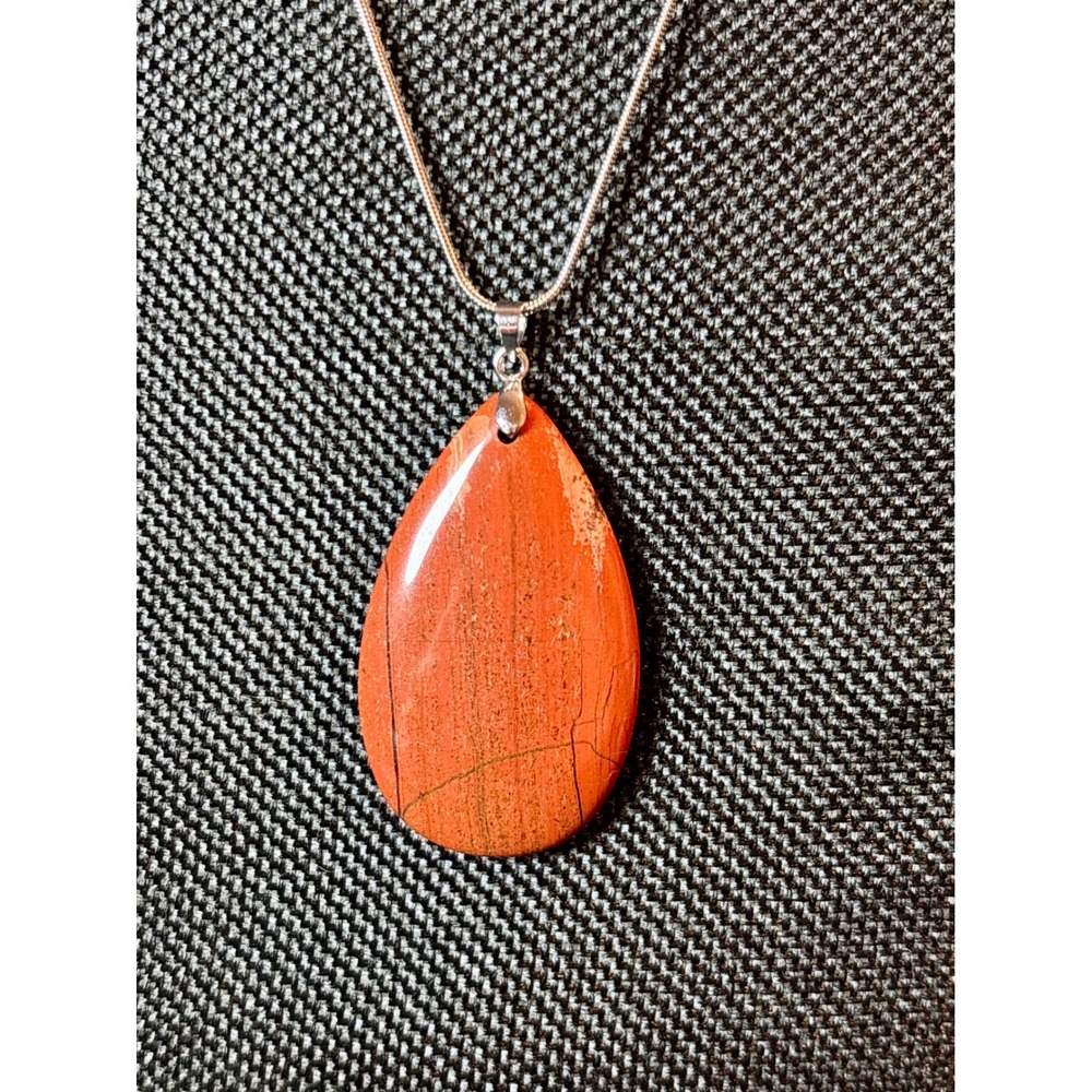 Red Jasper Teardrop Pendant Necklace Silver Tone Snake Chain Stainless Steel